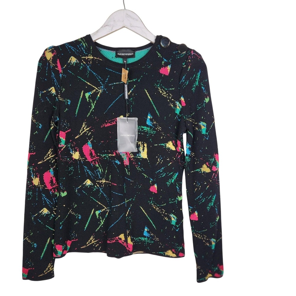 EMPORIO ARMANI Sweater Womens 38 2 Black Splatter Woold Blend Button Shoulder